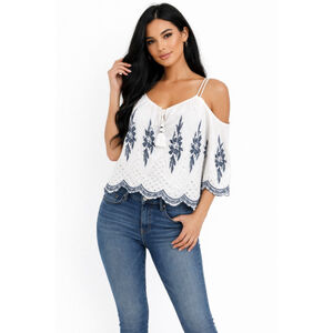 Women's Attrattivo White & Blue Embroidered Cold Shoulder Blouse M
